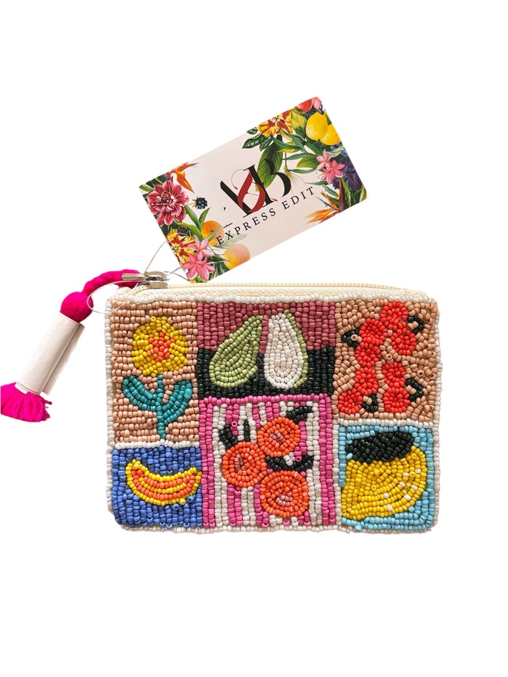 America & Beyond Express Edit Beaded Fruit-Floral Coin/Card Pouch Multi-Colors